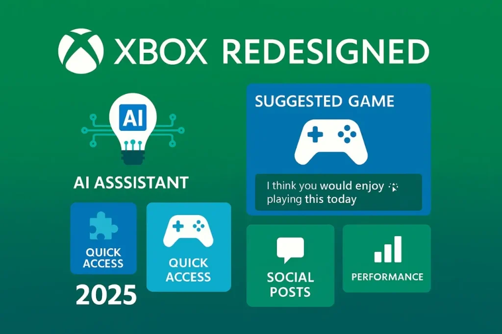Xbox dashboard redesign with AI assistant, quick game access, social updates, and performance tracking features.