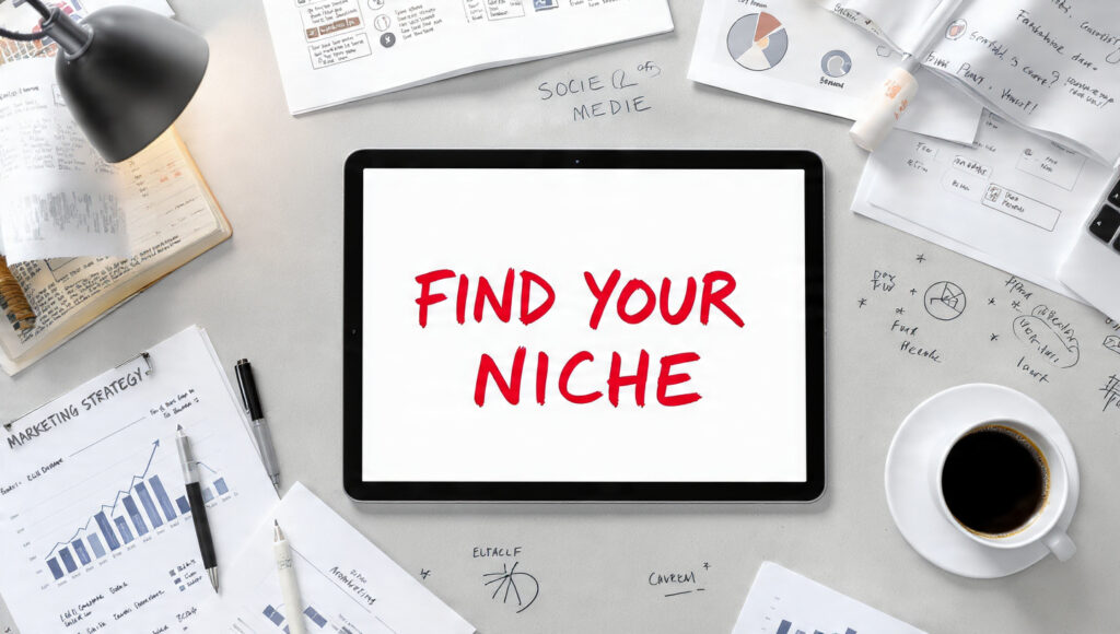 "A tablet displaying 'FIND YOUR NICHE' in red text, surrounded by notebooks, charts, a pen, a coffee cup, and a lamp on a desk, representing strategic planning for YouTube automation."