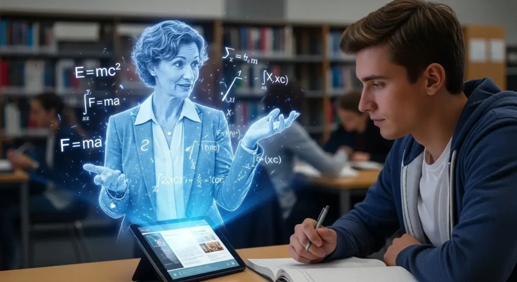 A futuristic holographic interface demonstrating the power of AGI in education.