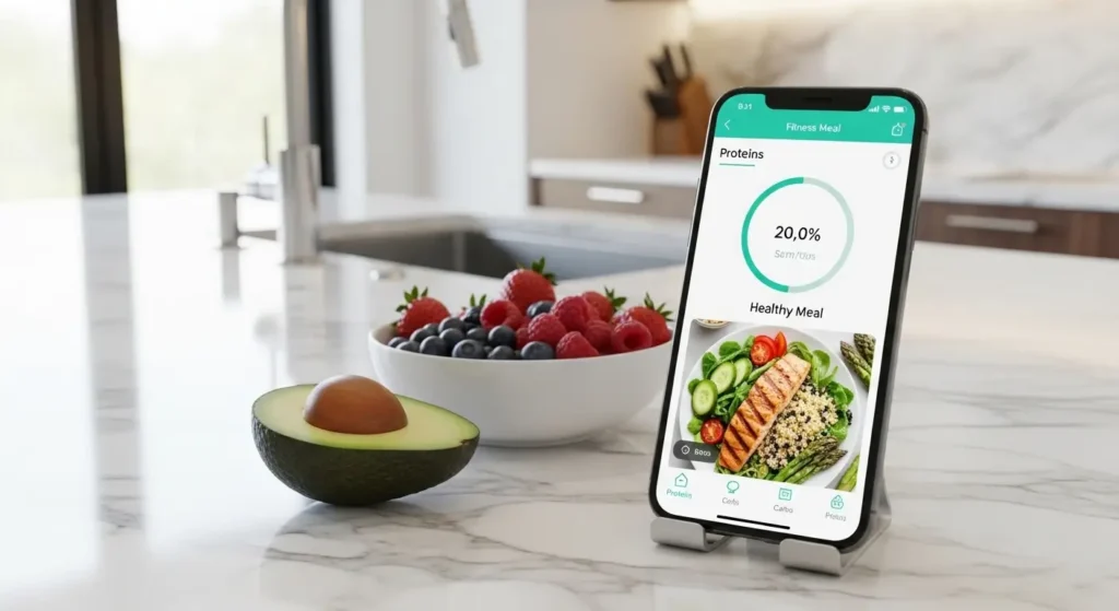 A smartphone using AGI to analyze nutrition and fitness data in a modern kitchen.