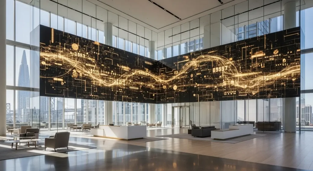 A modern office lobby showcasing the massive investment scale of AGI technology.