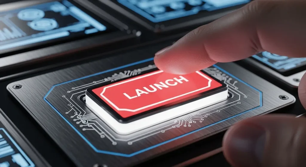 A close-up of a product launch button signifying the start of an AGI business.