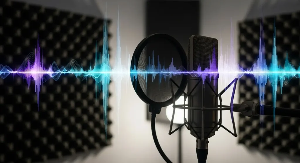 A professional microphone representing the monetization of high-quality AGI voice clones.