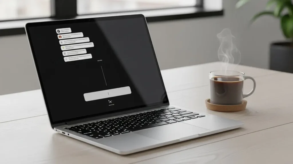 A minimalist workspace showing a laptop running a chatbot for basic AI automation tasks.