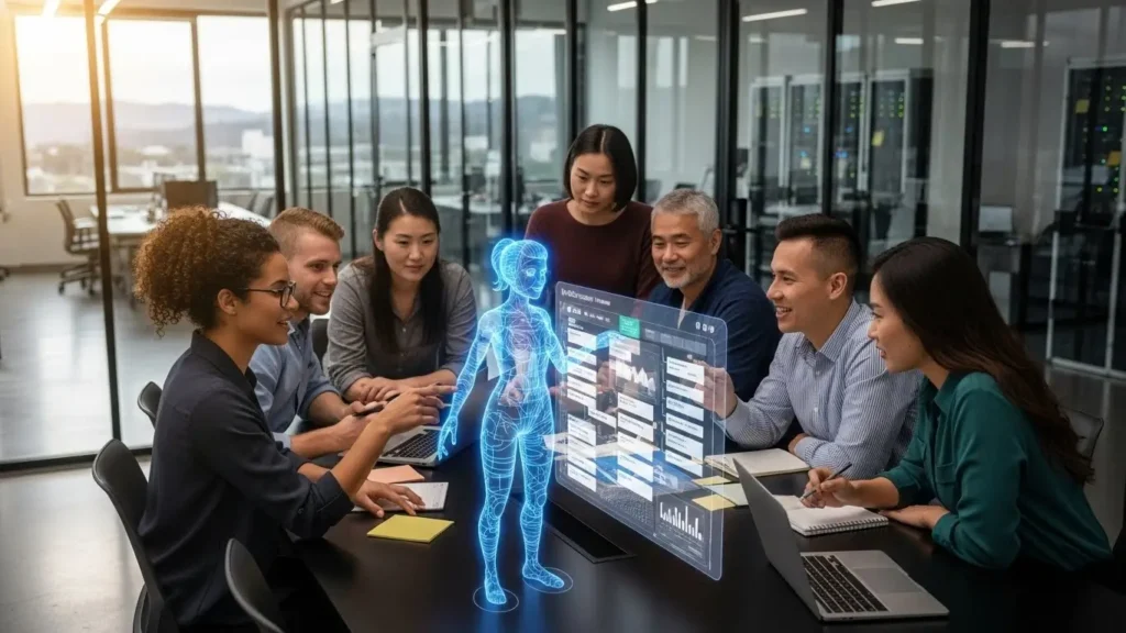 A professional team using AI automation as an autonomous team member in a modern office.