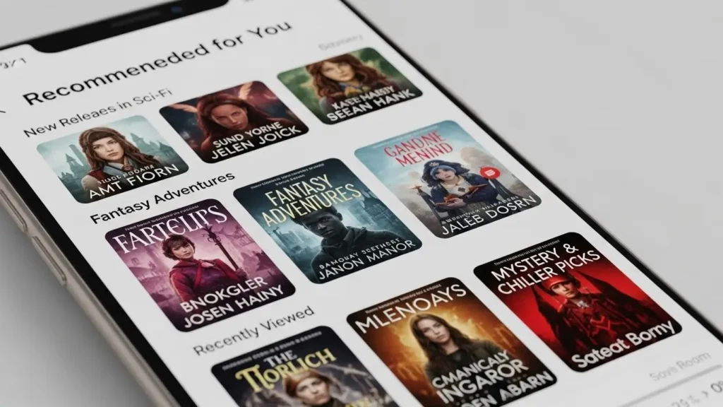 AI-powered reading recommendation screen on a mobile device.