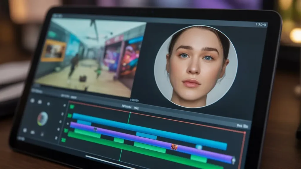 A tablet displaying the editing process for an AI Roblox reaction short.