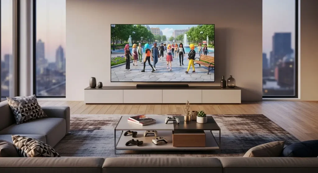 A modern living room featuring a screen with colorful avatars for the AI Roblox niche.