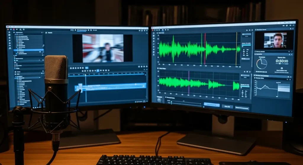 A professional workstation setup for recording high-quality AI Roblox reaction videos.