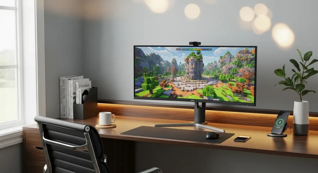 A high-end gaming setup showing a vibrant world for AI Roblox content creation.