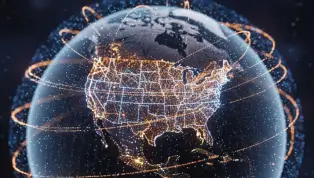 A futuristic view of the global technology revolution led by Amazon in 2025.