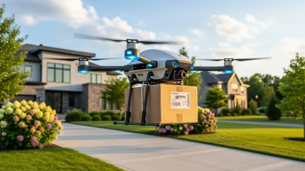 An Amazon Prime Air drone delivering a package to a residential home in the United States.