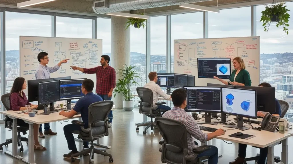 A professional team discussing technology solutions at the Amazon Seattle headquarters.