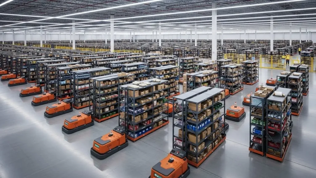 Advanced robotics moving inventory inside an Amazon fulfillment center to optimize e-commerce.