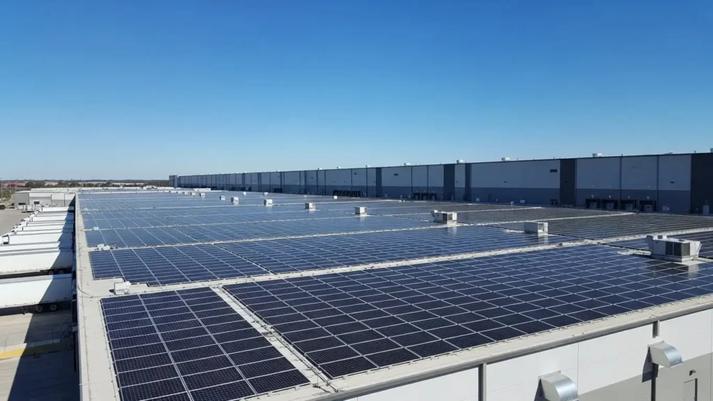 Large-scale solar energy technology powering an Amazon facility as part of the Climate Pledge.
