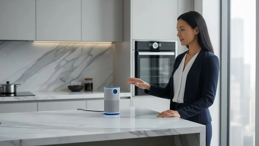 A person using Alexa voice technology to shop on Amazon from their modern kitchen.