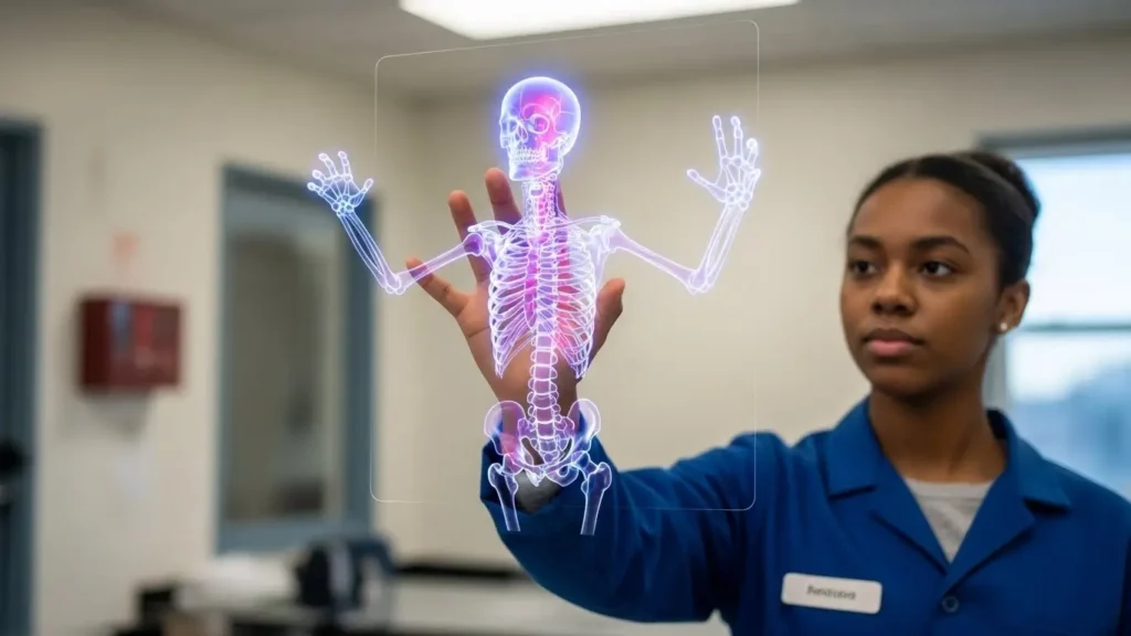 Students using AR gadgets to interact with 3D educational models in a modern classroom.