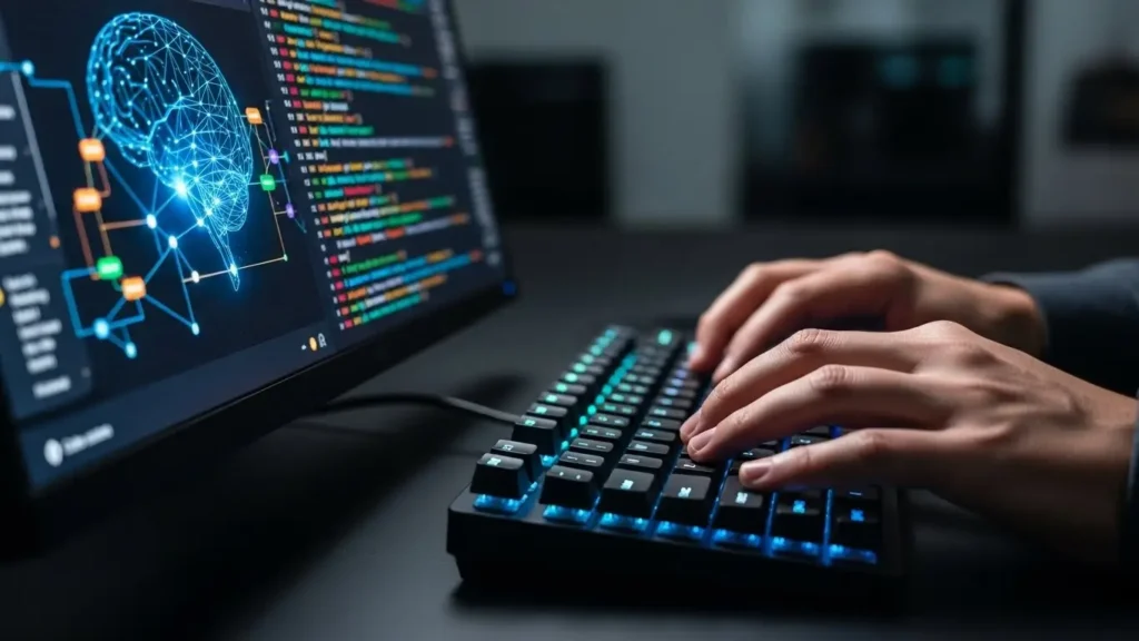 An AI interface on a professional computer showing advanced automation technology.