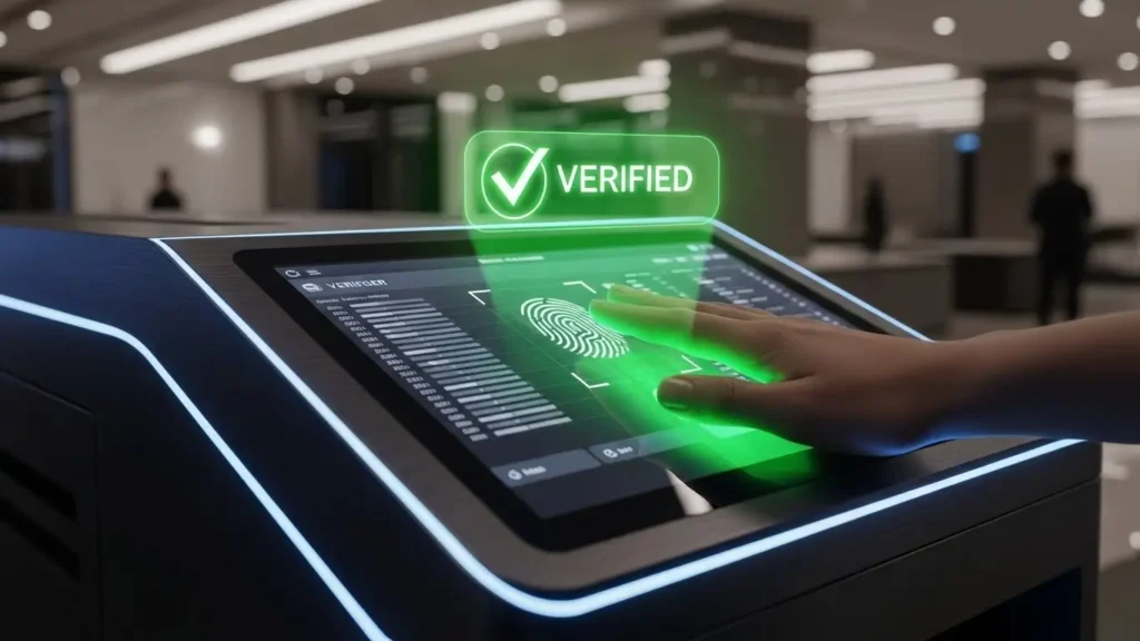 Secure biometric scanner illustrating blockchain-based digital trust and innovations.