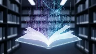 A glowing digital book representing the future of reading.