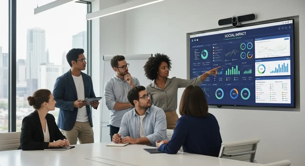 A diverse business team analyzing social impact data in a bright modern conference room.