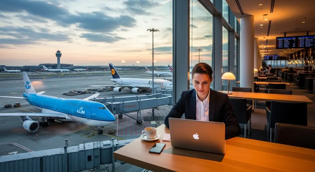 A professional working in an airport lounge representing global business connectivity.