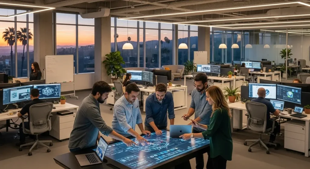 A modern open-plan business office in Silicon Valley featuring collaborative technology hubs.