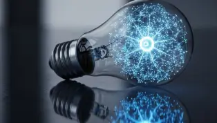 A glowing neural network inside a lightbulb representing business innovation and AI.