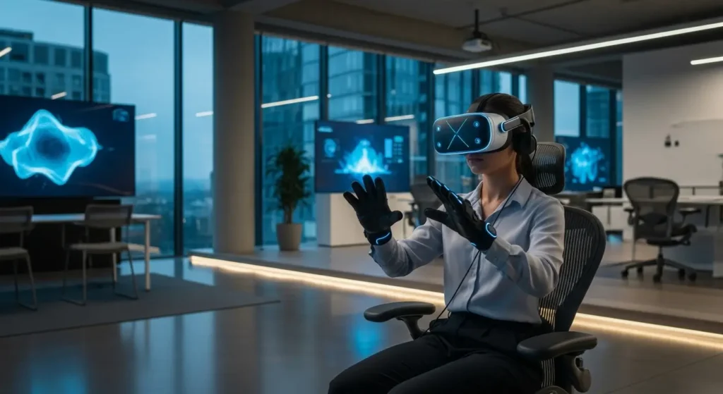 A professional undergoing VR training in a modern business corporate environment.