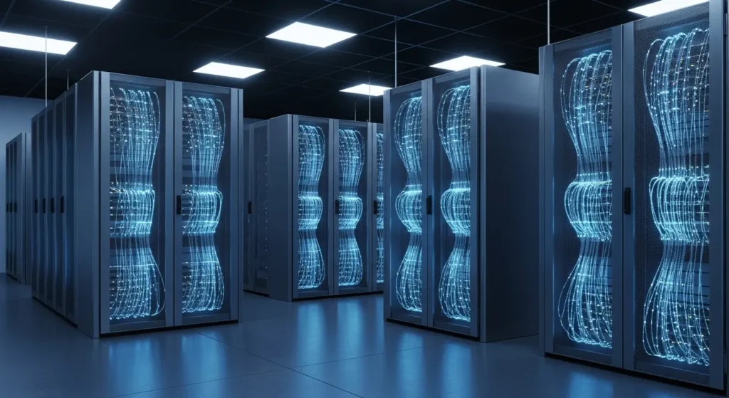 A high-tech server room illustrating the current landscape of technology for a modern business.
