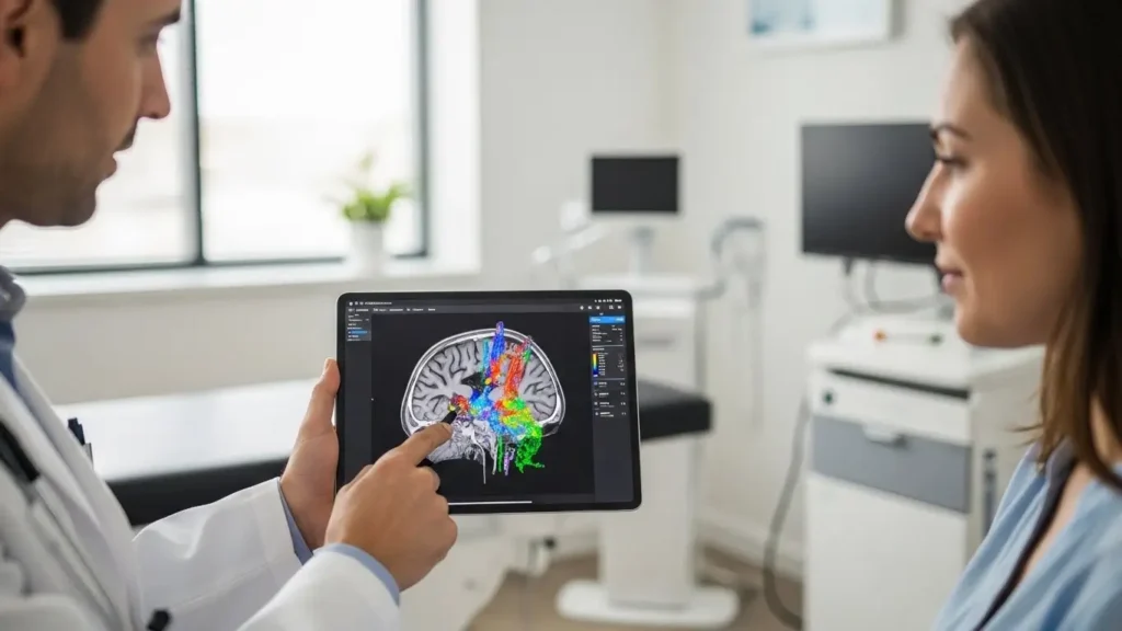 A healthcare provider using cloud technology on a professional computer tablet.