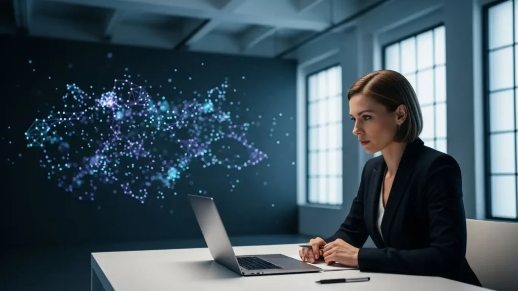 Professional focusing on high-level intelligence while technology handles data.