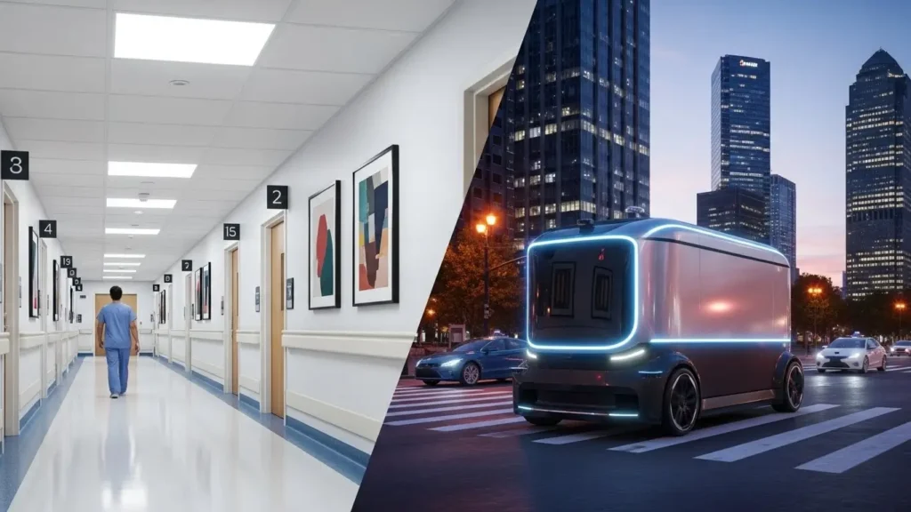 Diverse company applications of AI in healthcare and autonomous transportation.