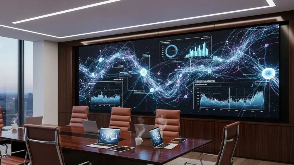 A large company office screen displaying AI-driven predictive analytics and data networks.