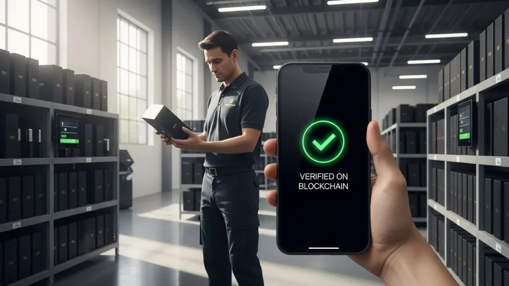 A worker verifies product authenticity using company blockchain technology in a warehouse.