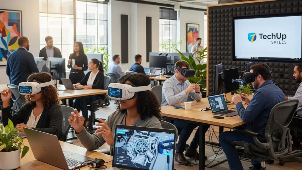 Employees at a US company using VR headsets for technology-based reskilling.