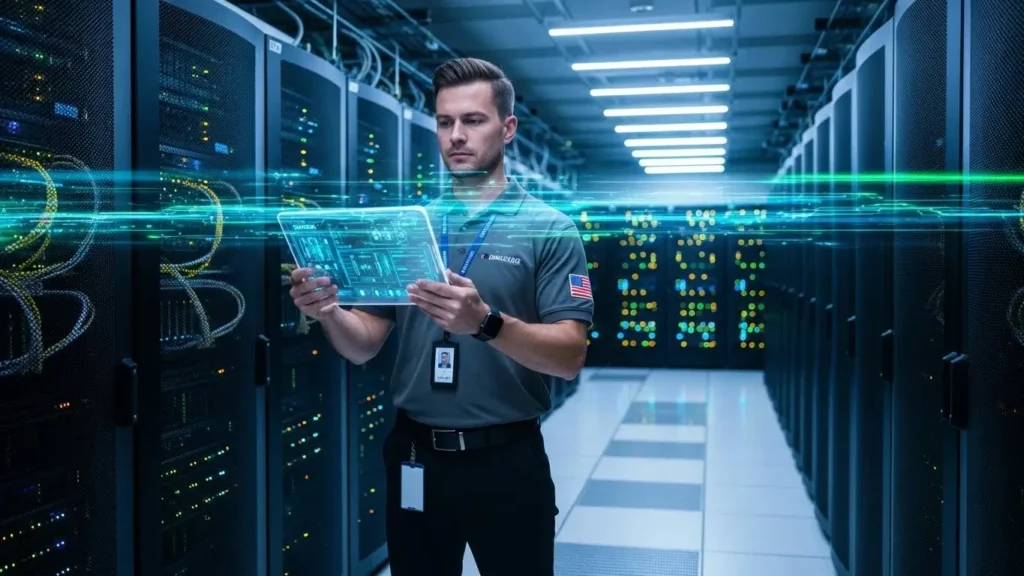A technician monitors company technology infrastructure in a modern US data center.