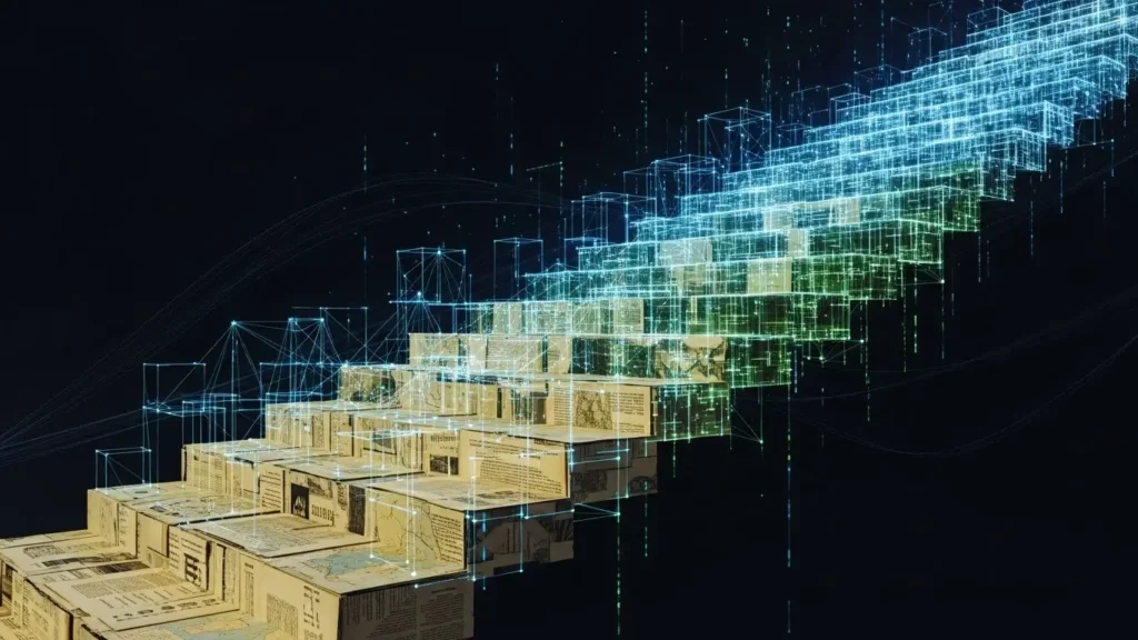An abstract representation of a company transitioning to technology-enabled work models.