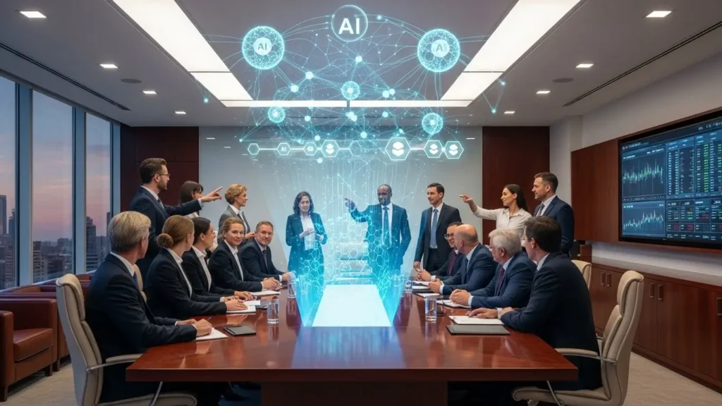 A modern company boardroom showing executives interacting with AI and blockchain holograms.