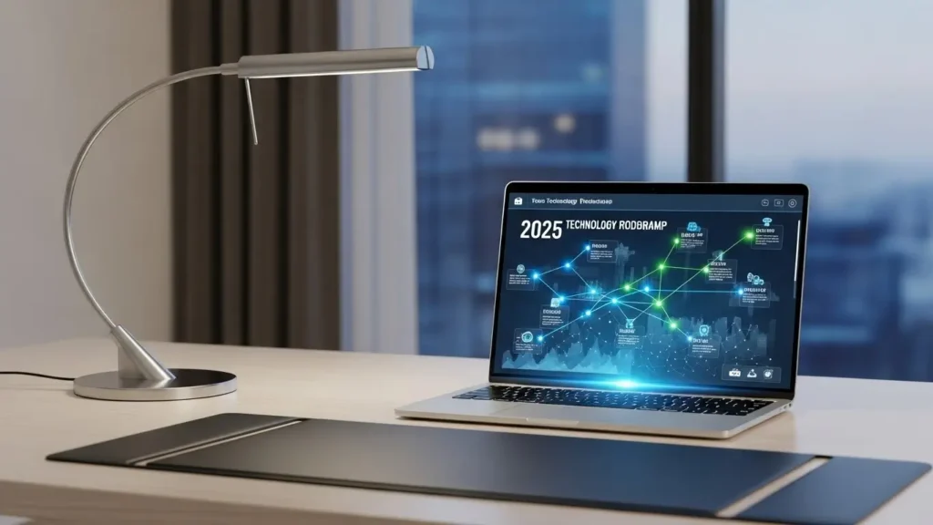 A high-end laptop displaying a company technology strategy and innovation roadmap.