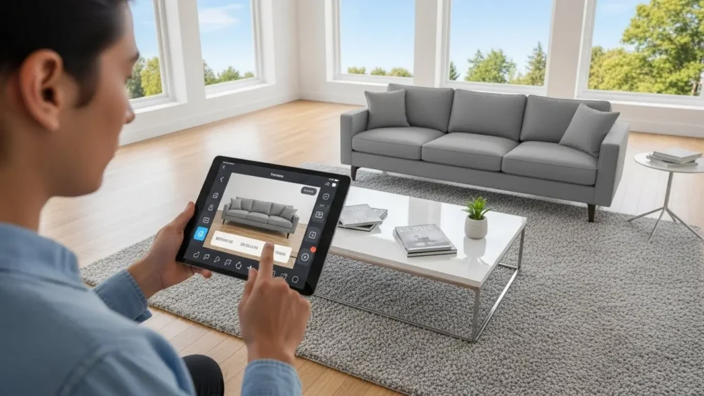 A consumer using XR technology to visualize furniture in a modern American home.