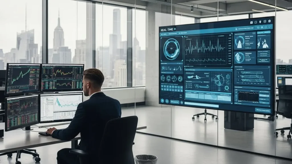 A professional using a computer with advanced technology in a high-end corporate setting.