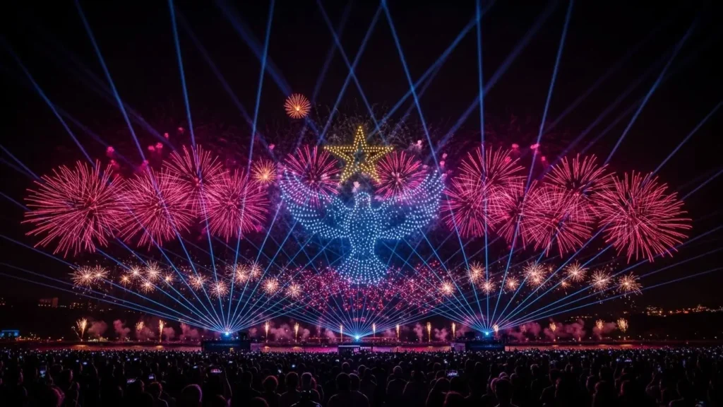 A spectacular finale combining drones and fireworks at a major event.