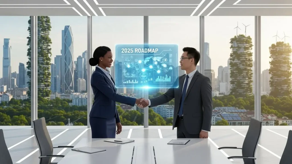 Business leaders discussing the future of technological innovations in a sustainable city.