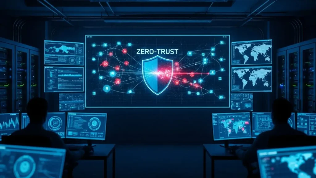 A corporate cybersecurity command center monitoring innovations in threat detection.