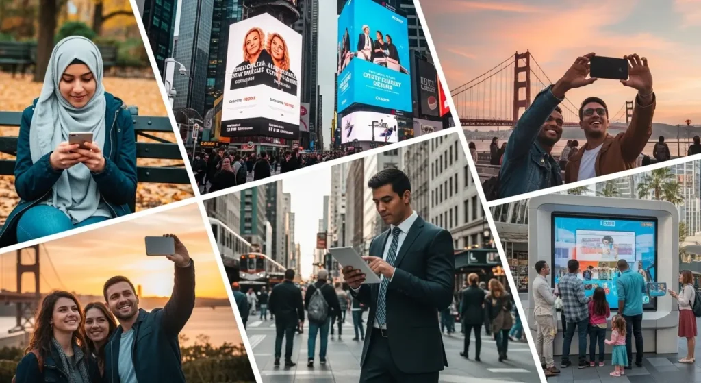 Digital marketing technology connecting a business with a diverse audience across multiple platforms.