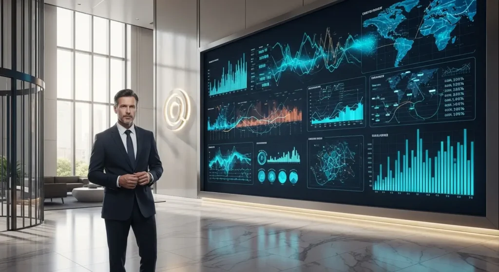 A professional executive analyzing data on a large screen within a modern business lobby.
