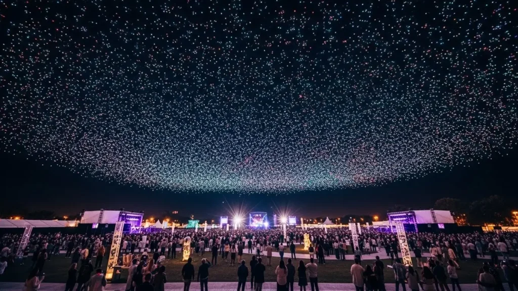 A massive drone show with over two thousand lights in the sky.