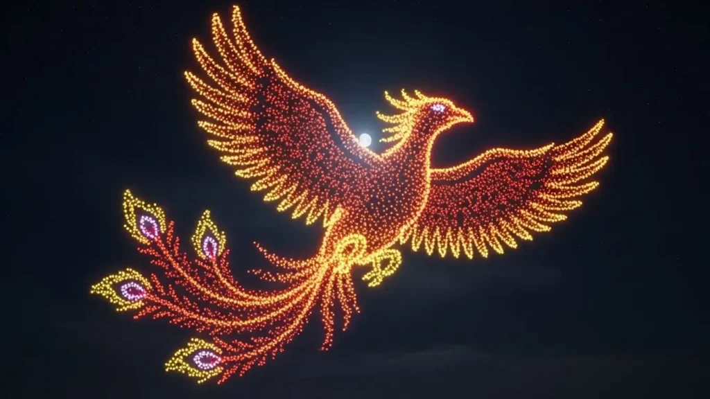Thousands of synchronized drones forming a 3D phoenix sculpture in the sky.