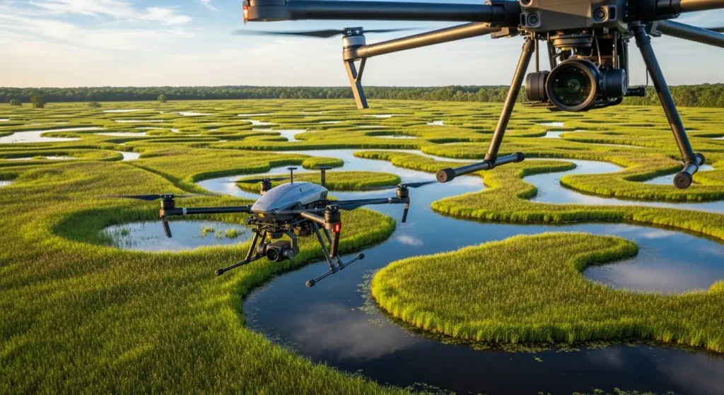 Professional drone mapping a wetland for environmental conservation and habitat restoration technology.